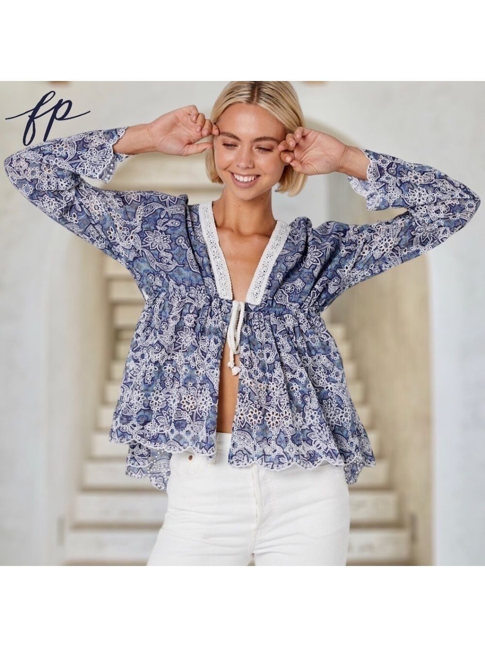 FREE PEOPLE NWT Anissa Floral-Print Eyelet/Embroidered Tie-Front Bed Jacket/Lg - Picture 3 of 14